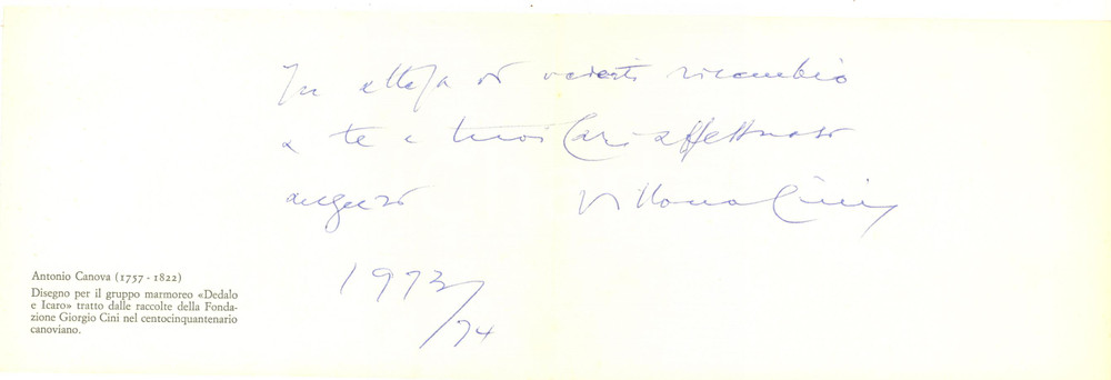 Autografo originale 1973 VENEZIA Biglietto conte Vittorio CINI per auguri  Autografo 1