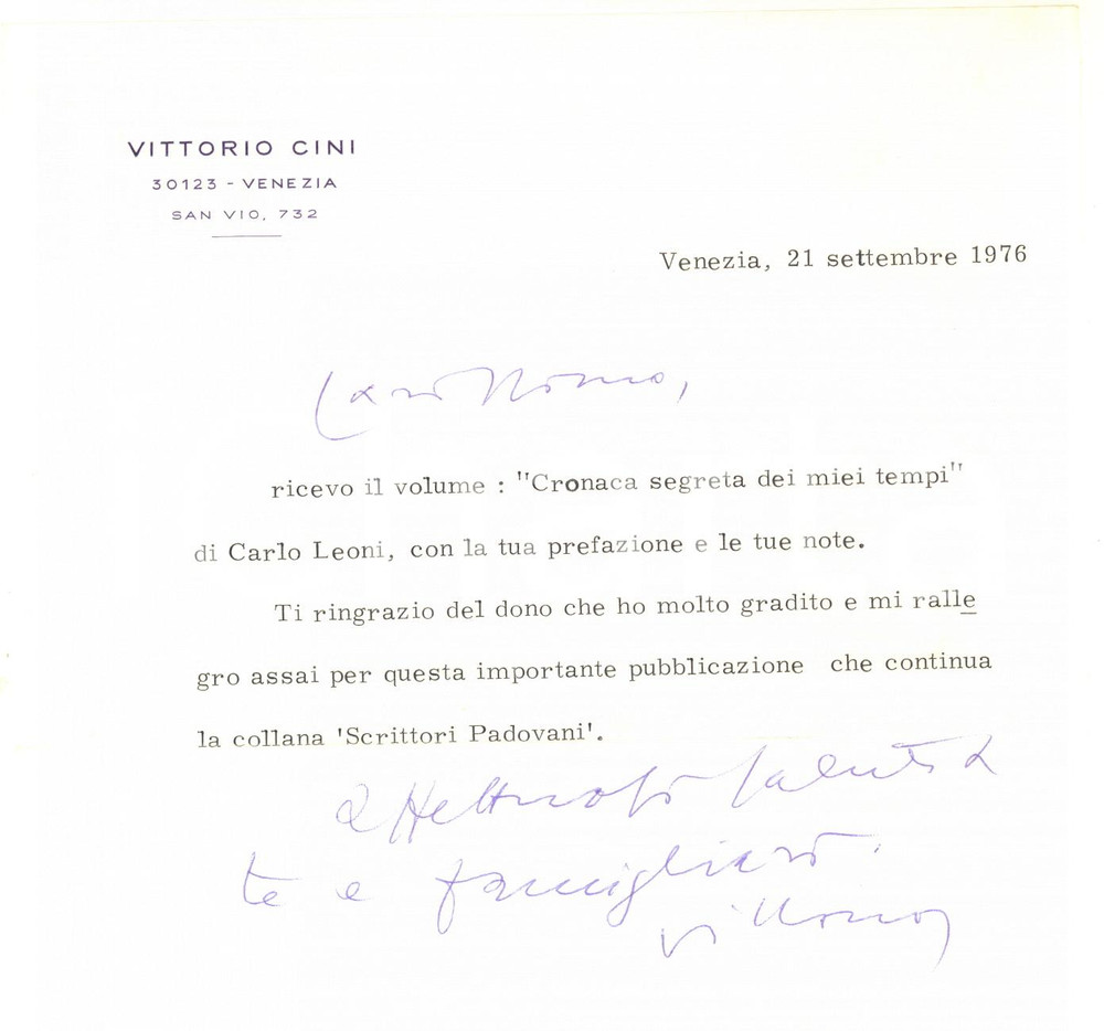 Autografo originale 1976 VENEZIA Lettera conte Vittorio CINI per libro ricevuto  Autografo 1