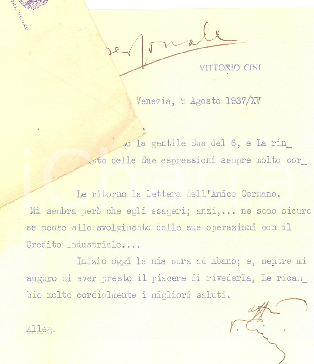 Autografo originale 1937 VENEZIA Lettera conte Vittorio CINI  Senato del Regno  Autografo 1