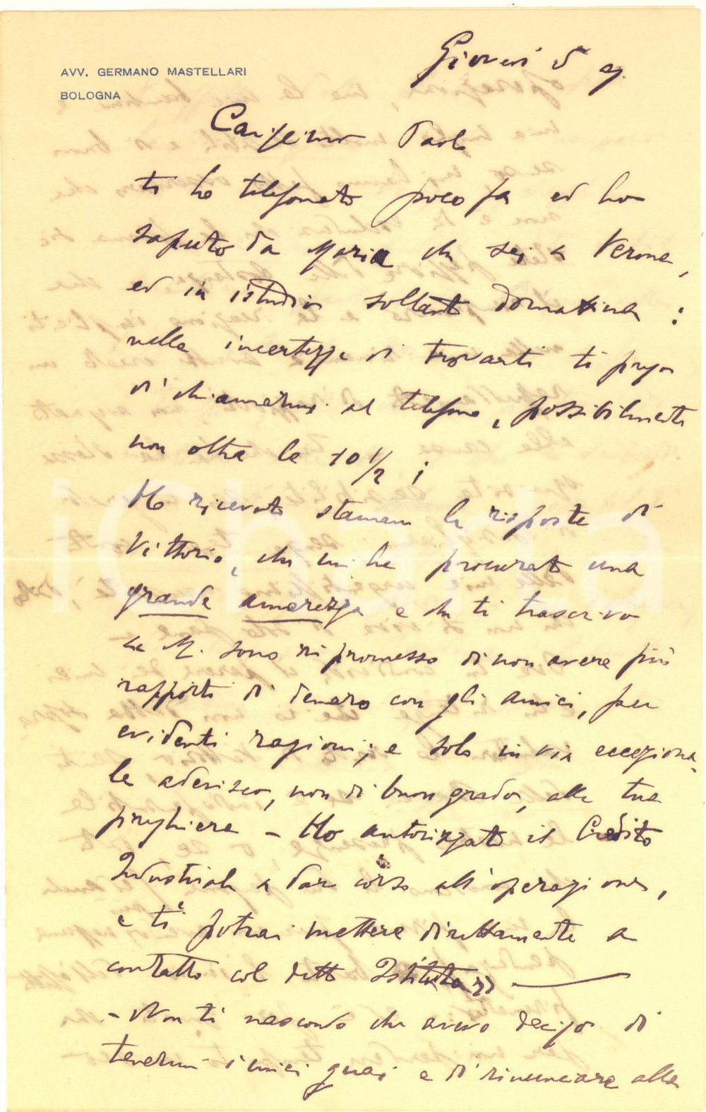 Autografo originale 1937 BOLOGNA Lettera avv. Germano MASTELLARI per operazione Credito Industriale 1