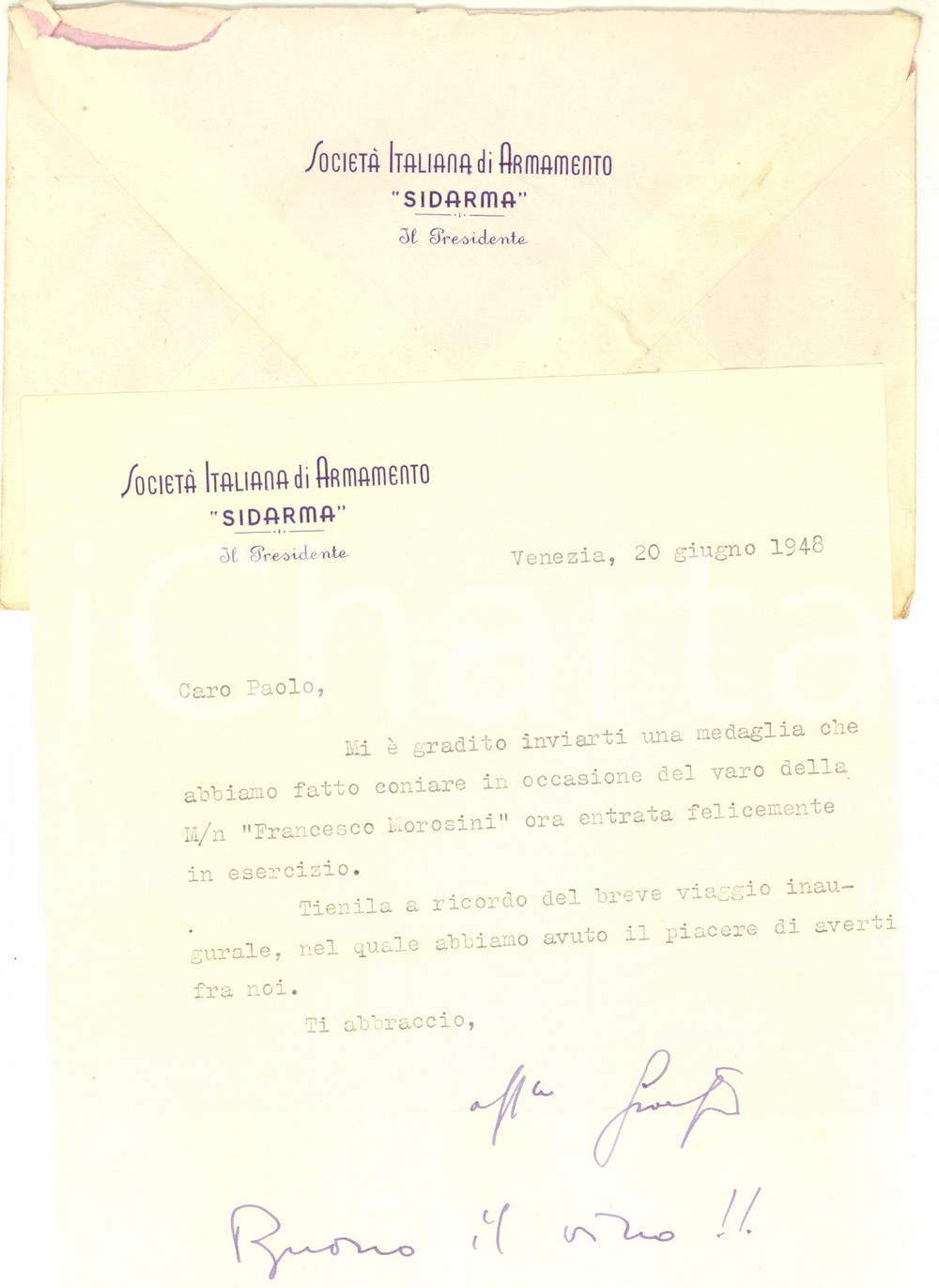 1948 VENEZIA - SIDARMA - Lettera Giorgio CINI presidente - Autografo Lettera dattiloscritta, con firma autografa di Giorgio Cini, all'epoca presidente della Societ&agrave; Italiana di Armamento "Sidarma".Carta e busta intestate.CONDIZIONI: FAIR (piegatura centrale d'epoca)PAGINE: 1    originale e autentica 1