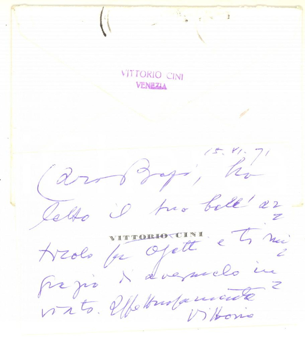Autografo originale 1971 VENEZIA Vittorio CINI ringrazia per invio articolo  Biglietto autografo 1