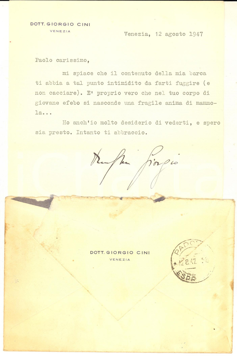 Autografo originale 1947 VENEZIA Lettera Giorgio CINI a un amico fuggito dalla barca  Autografo 1