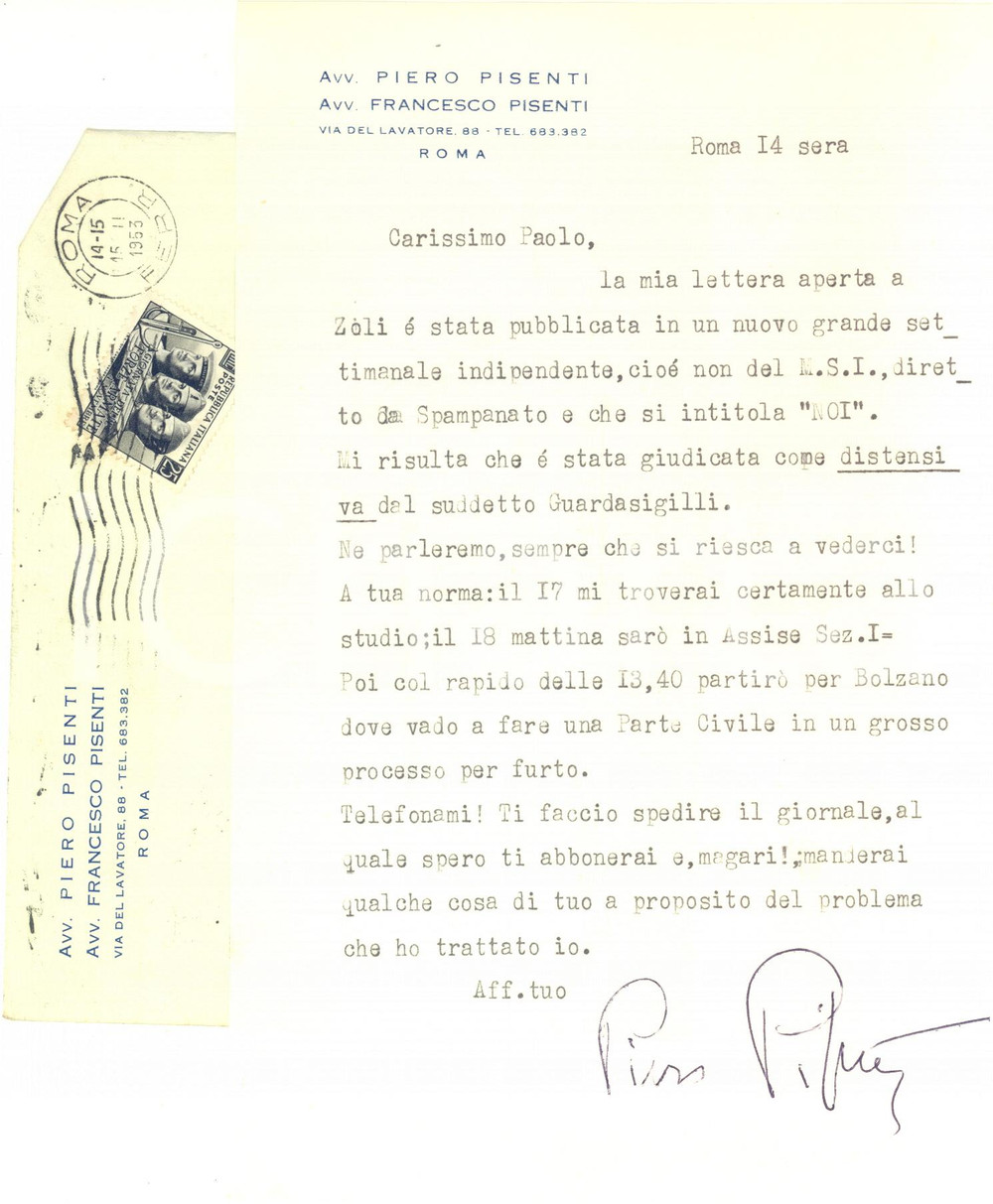 Autografo originale 1953 ROMA Piero PISENTI annuncia lettera aperta ad Adone Zoli  Autografo 1