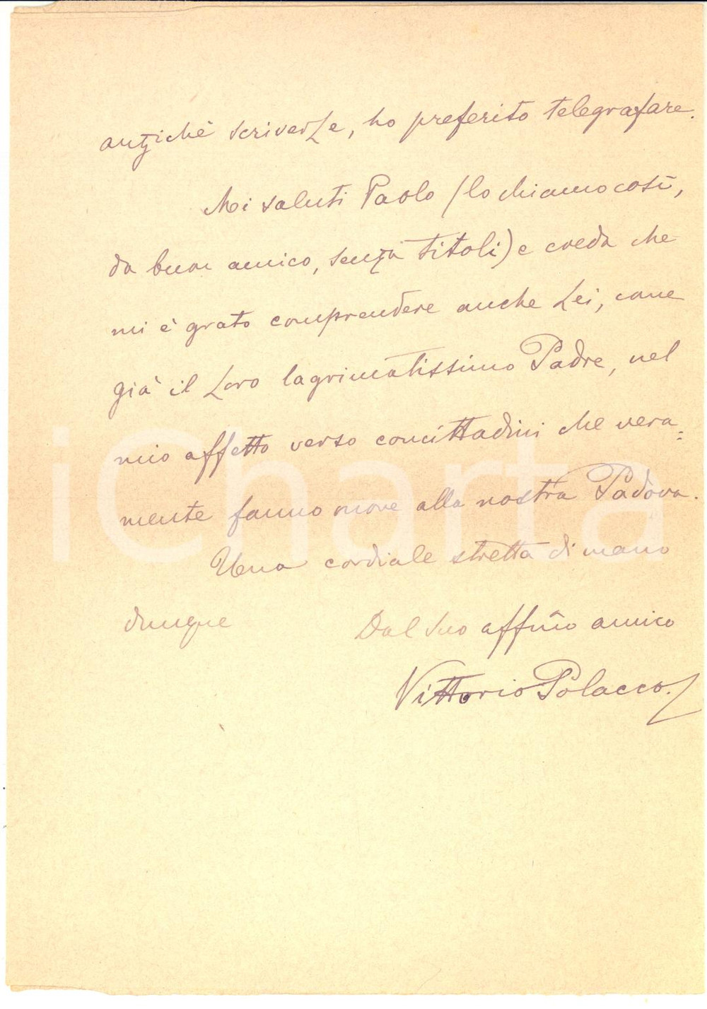 Autografo originale 1922 ROMA Lettera di Vittorio POLACCO per decisione del ministro  Autografo 1