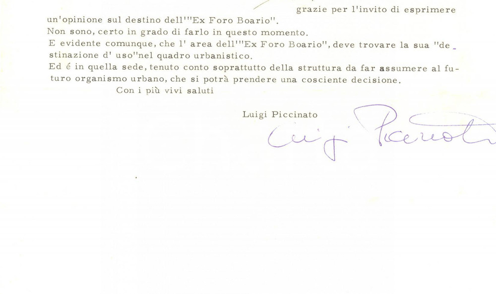 Autografo originale 1969 ROMA Lettera Luigi PICCINATO sull ex Foro Boario di Padova  Autografo 1
