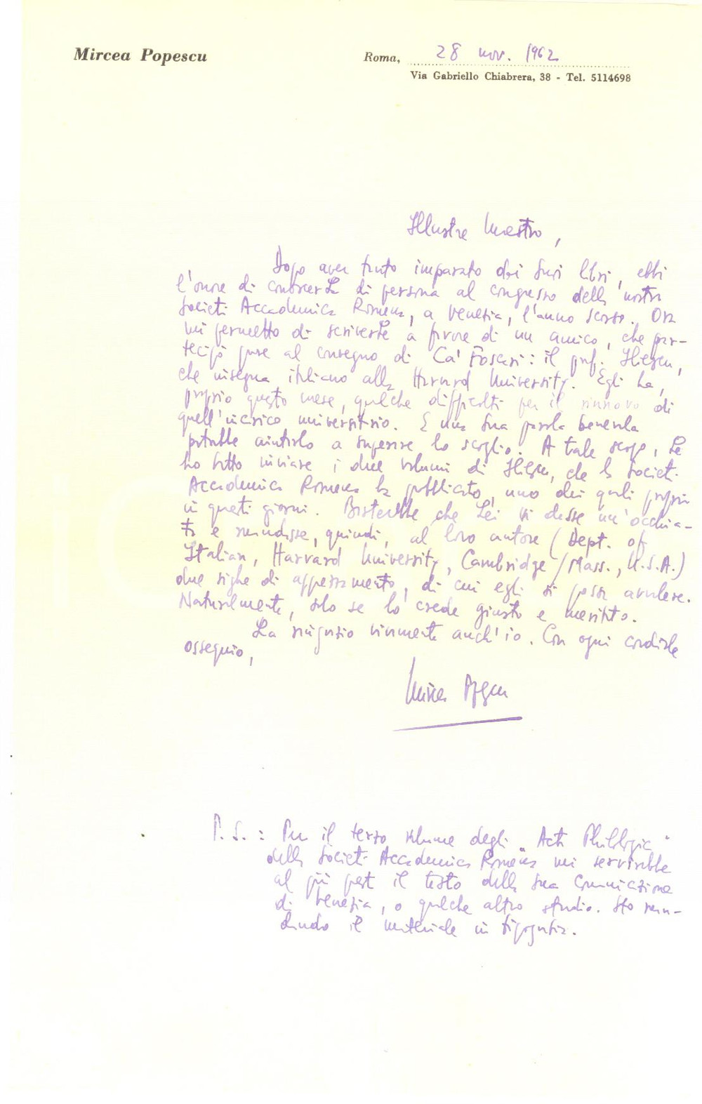 Autografo originale 1962 ROMA Lettera Mircea POPESCU in favore di un collega  Autografo 1