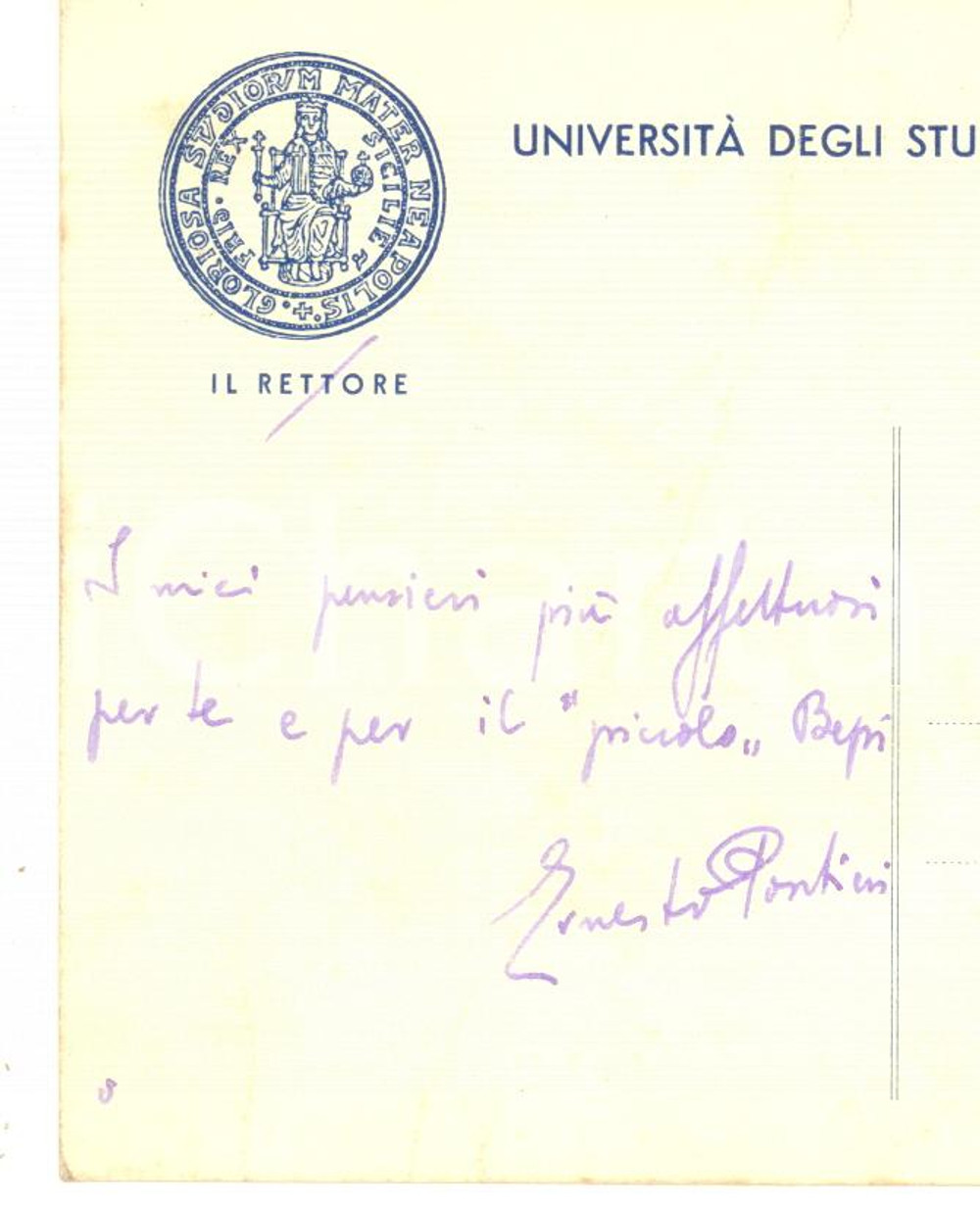 Autografo originale 1954 UniversitÃ  di NAPOLI Cartolina Ernesto PONTIERI per auguri  Autografo FG 1
