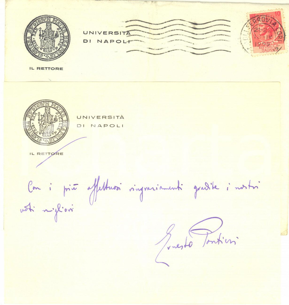 Autografo originale 1955 UniversitÃ  NAPOLI Biglietto Ernesto PONTIERI per ringraziamento  Autografo 1