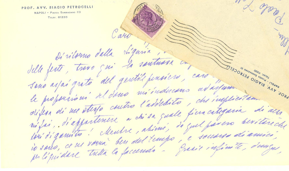 1954 NAPOLI Lettera Biagio PETROCELLI per dono di grappa - Autografo  Lettera autografa, scritta su entrambe le facciate.Carta e busta intestate.CONDIZIONI: FAIR (piegature d'epoca)PAGINE: 1 (2 facciate)      originale e autentica 1