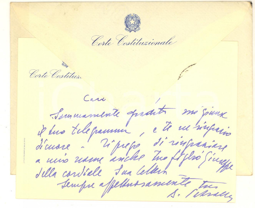 1956 NAPOLI Biglietto Biagio PETROCELLI per ringraziamento - Autografo  Biglietto autografo, con busta intestata "Corte Costituzionale".CONDIZIONI: G     originale e autentica 1