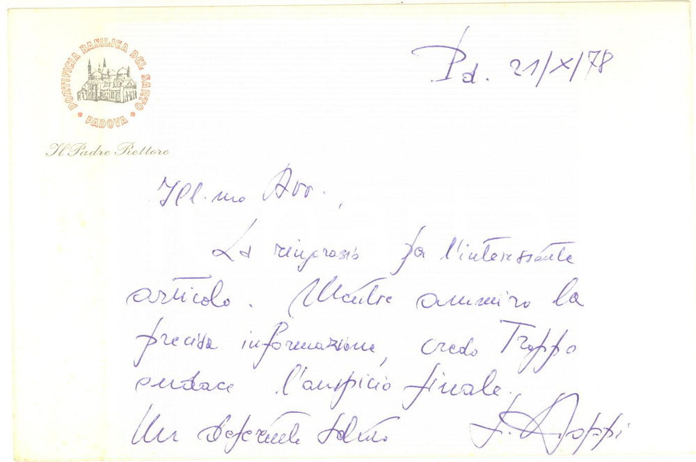 Autografo originale 1978 PADOVA Basilica del Santo  Biglietto padre Angelico POPPI  Autografo 1
