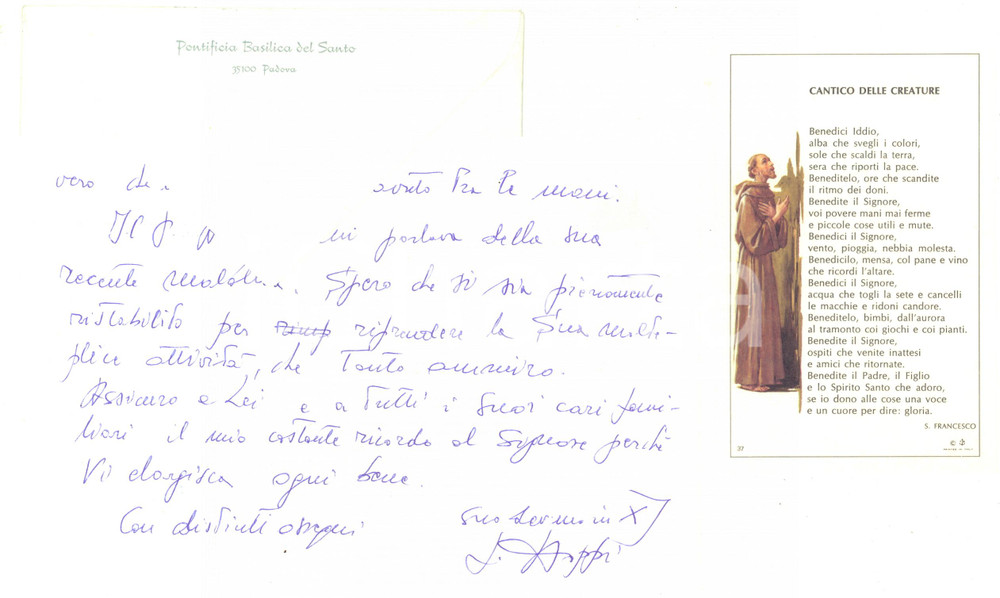 1978 PADOVA Basilica del Santo - Lettera padre Angelico POPPI - Autografo  Lettera autografa di ringraziamento di padre Angelico Poppi, Rettore della Basilica del Santo e biblista.Carta e busta intestate.Unito biglietto che riproduce il Cantico delle creature.CONDIZIONI: FAIR (piegatura centrale d'epoca)PAGINE: 1 (2 facciate)     originale e autentica 1