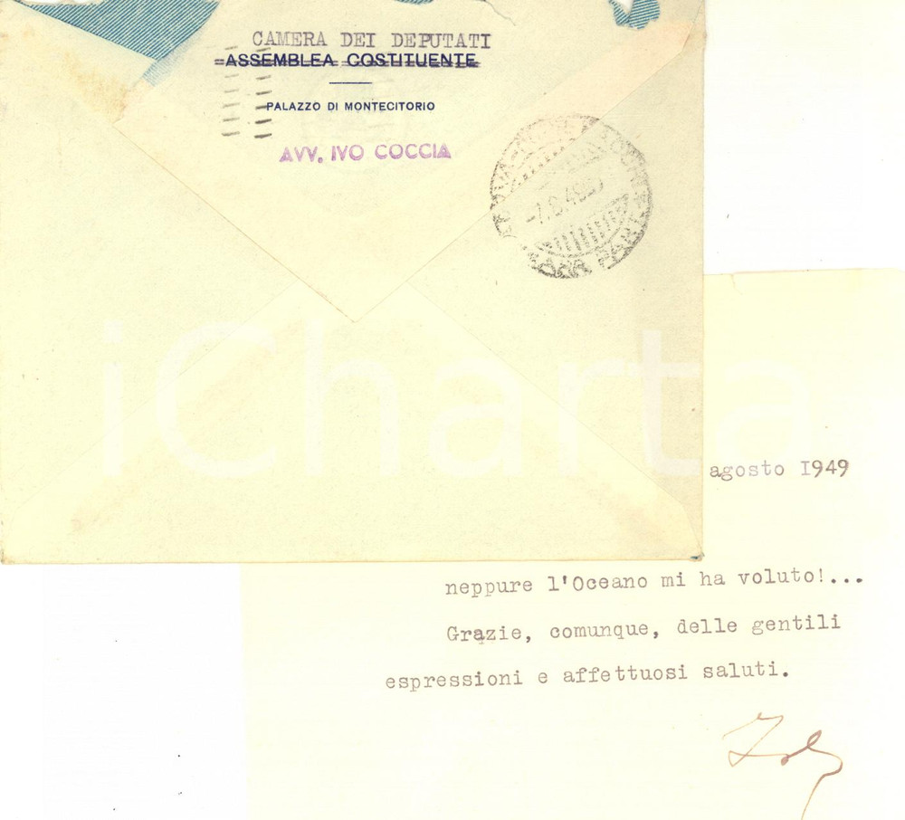 Autografo originale 1949 ROMA Camera dei Deputati  Lettera Ivo COCCIA  Autografo 1