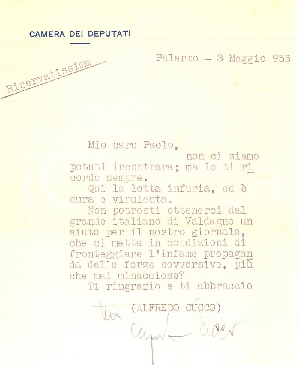 Autografo originale 1955 PALERMO Lettera Alfredo CUCCO per aiuto a un giornale  Autografo 1