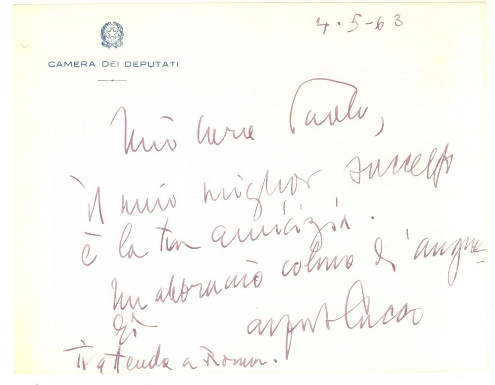 1963 ROMA Camera dei Deputati - Biglietto Alfredo CUCCO per auguri - Autografo Biglietto interamente autografo di Alfredo Cucco, con intestazione "Camera dei Deputati".CONDIZIONI: G    originale e autentica 1