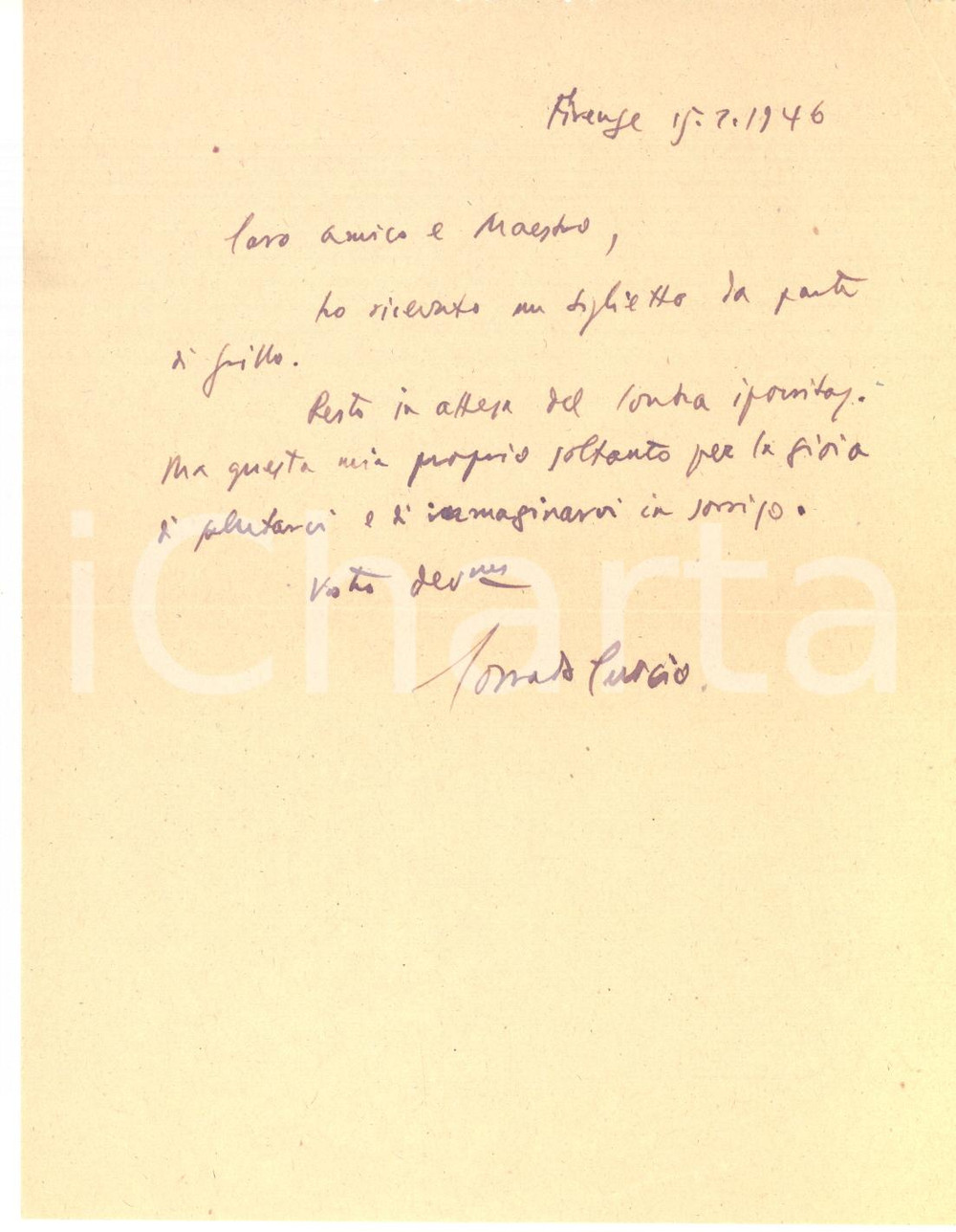 Autografo originale 1946 FIRENZE Lettera Corrado CURCIO a un collega per pubblicazione  Autografo 1