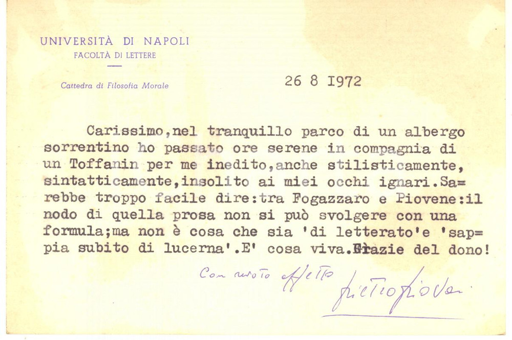 Autografo originale 1972 UniversitÃ  di NAPOLI Pietro PIOVANI ringrazia per un libro  Autografo 1
