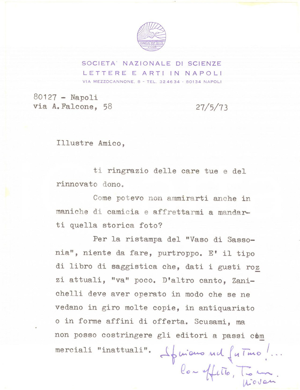 Autografo originale 1973 NAPOLI Pietro PIOVANI su mancata ristampa presso Zanichelli  AUTOGRAFO 1