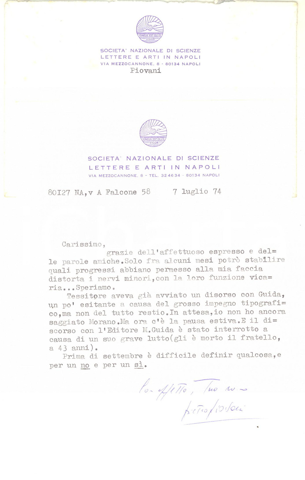 1974 NAPOLI Lettera Pietro PIOVANI su pubblicazioni in sospeso - AUTOGRAFO