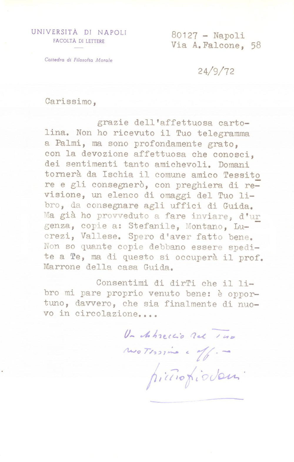 Autografo originale 1972 UniversitÃ  NAPOLI Pietro PIOVANI diffonde il libro di un collega AUTOGRAFO 1