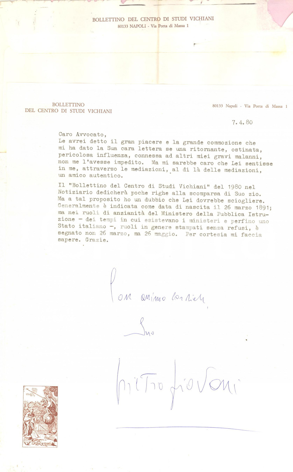 Autografo originale 1980 NAPOLI Lettera Pietro PIOVANI  Bollettino Centro Studi Vichiani AUTOGRAFO 1