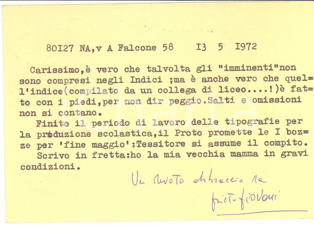 Autografo originale 1972 NAPOLI Cartolina Pietro PIOVANI su errori di redazione  Autografo 1