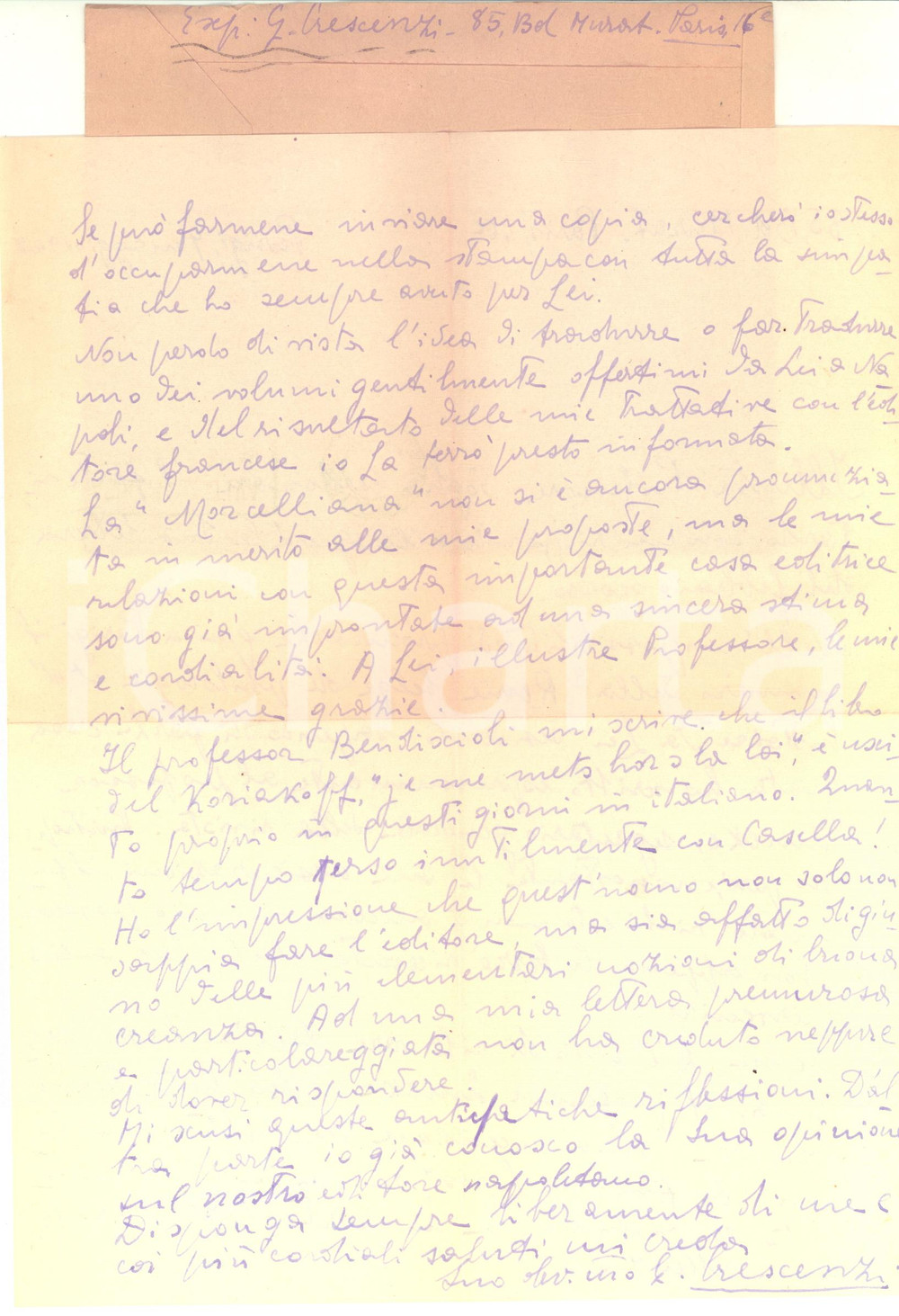 1948 PARIS Lettera Giuseppe CRESCENZI per la traduzione di un saggio - Autografo Lettera autografa del traduttore Giuseppe Crescenzi, che annuncia di voler tradurre un saggio letterario.Busta viaggiata.CONDIZIONI: FAIR (piegatura centrale d'epoca)PAGINE: 1 (2 facciate)    originale e autentica 1