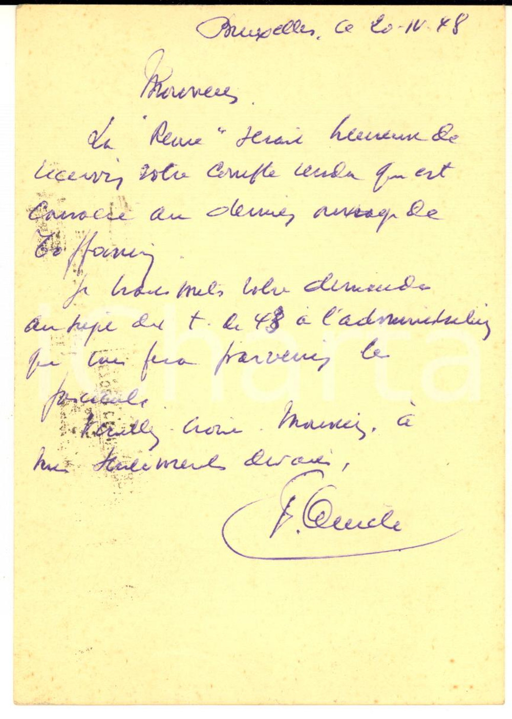 Autografo originale 1948 BRUXELLES Carte postale Fritz QUICKE  Revue Belge de Philologie AUTOGRAPHE 1