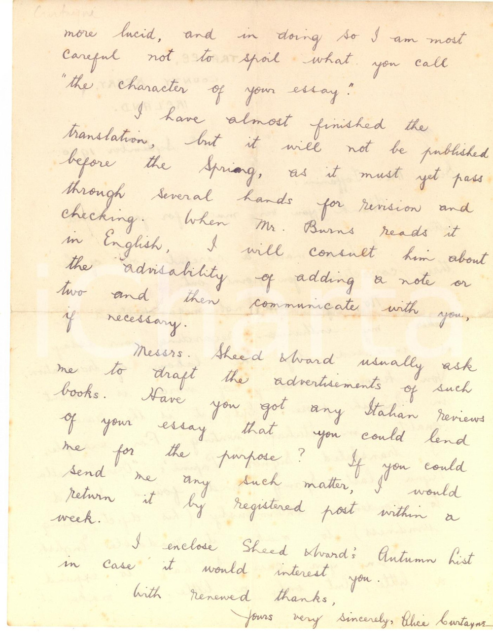 Autografo originale 1930 TRALEE Alice CURTAYNE  about the labour of a translation  Autograph 1