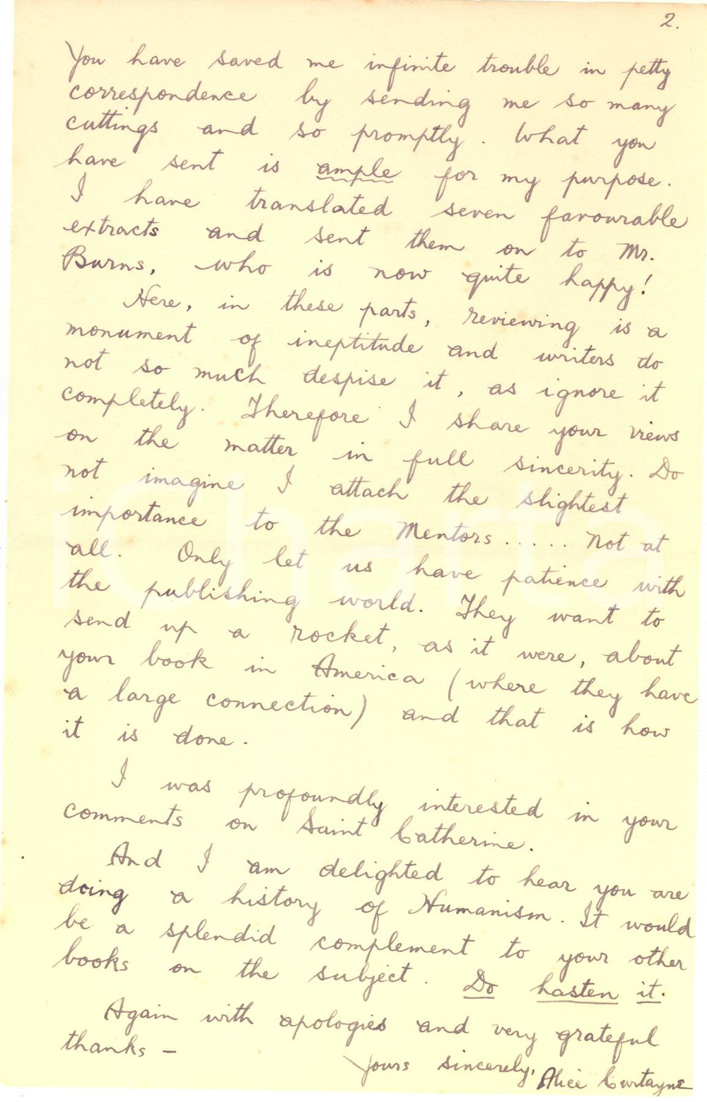 Autografo originale 1930 TRALEE IRELAND Alice CURTAYNE and an Italian essay reviewed  Autograph 1