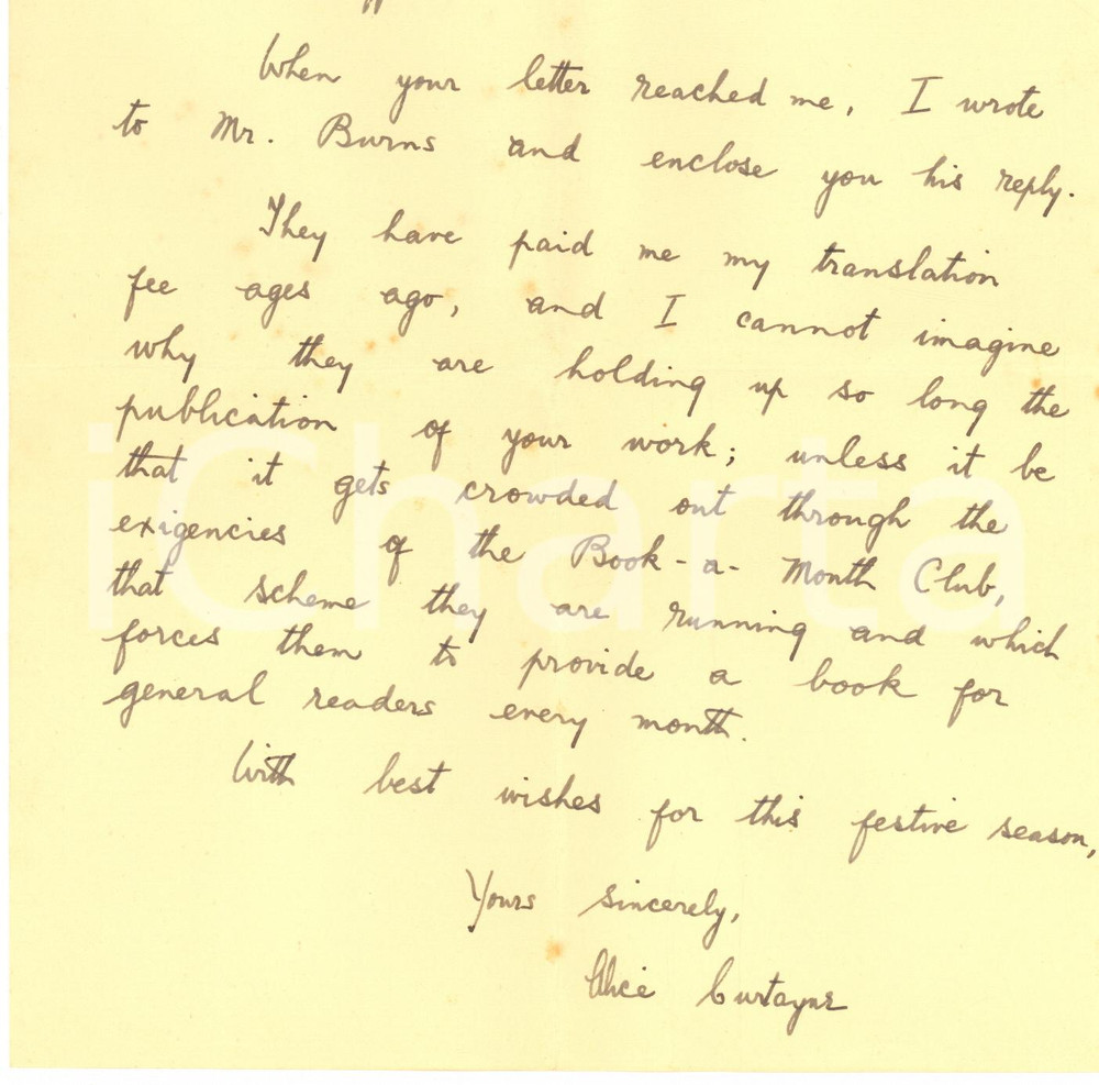 Autografo originale 1931 TRALEE IRELAND Alice CURTAYNE about the publication of an essay  Autograph 1