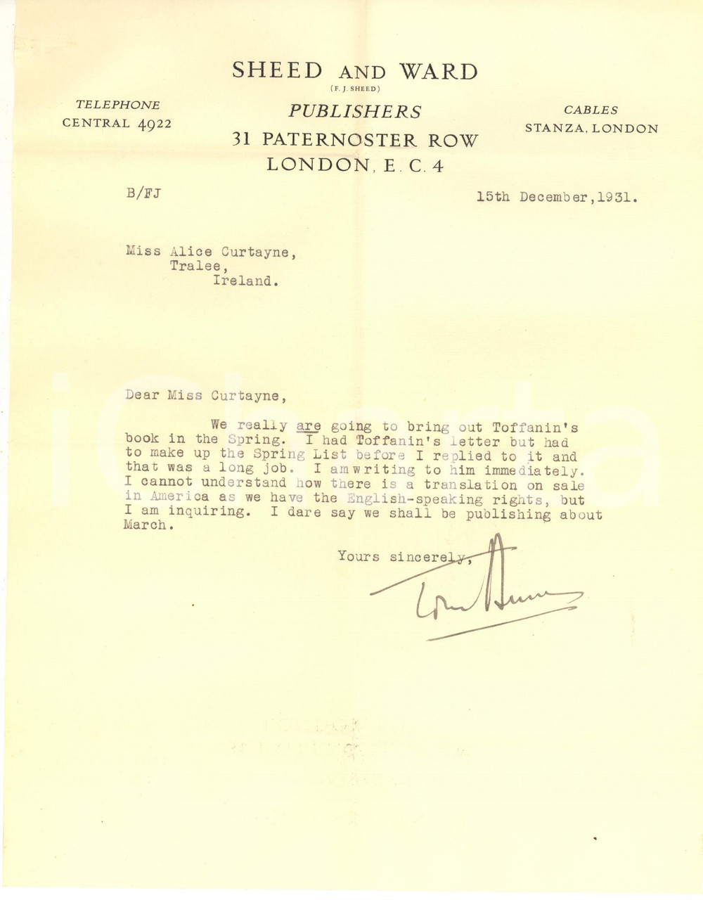 Autografo originale 1931 LONDON SHEED and WARD Publishers  Letter Tom BURNS  Autograph 1