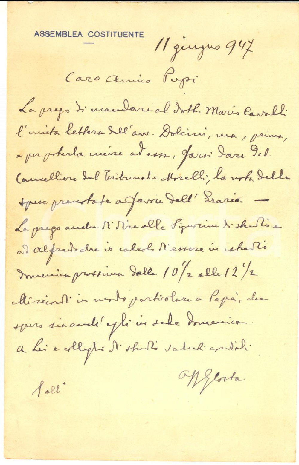 Autografo originale 1947 ROMA Assemblea Costituente  Lettera on. Gastone COSTA  Autografo 1