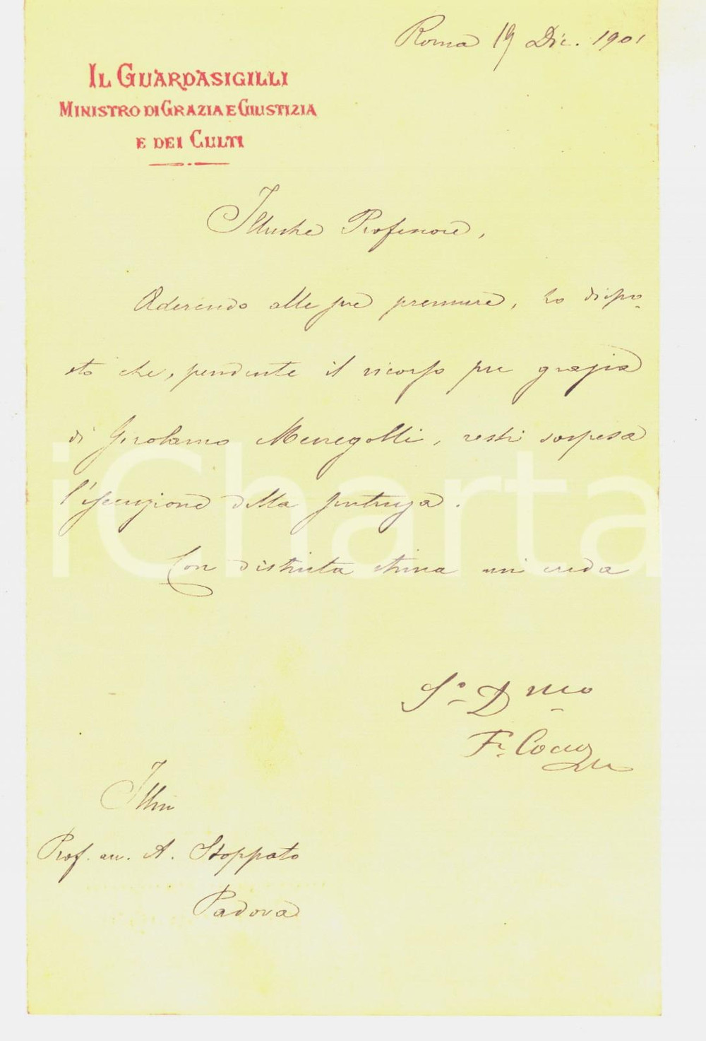 Autografo originale 1901 ROMA Lettera Francesco COCCOORTU ministro guardasigilli  Autografo 1