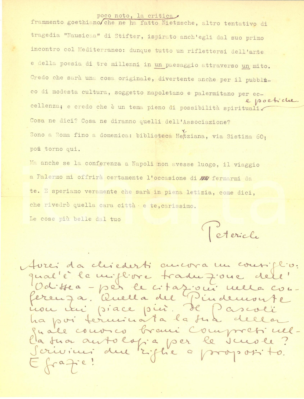 Autografo originale 1942 FIRENZE Lettera Eckart PETERICH per conferenza su Nausicaa  Autografo 1