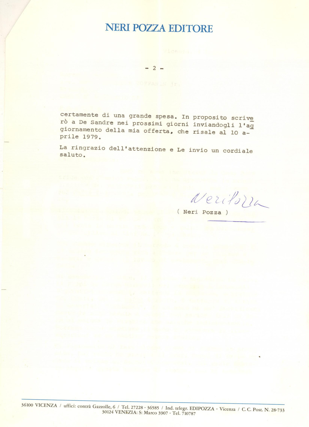 Autografo originale 1980 VICENZA Lettera Neri POZZA per un libro sul CaffÃ¨ Pedrocchi  Autografo 1