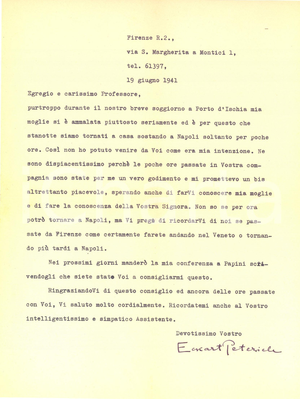 Autografo originale 1941 FIRENZE Eckart PETERICH a un collega per mancato incontro  Autografo 1