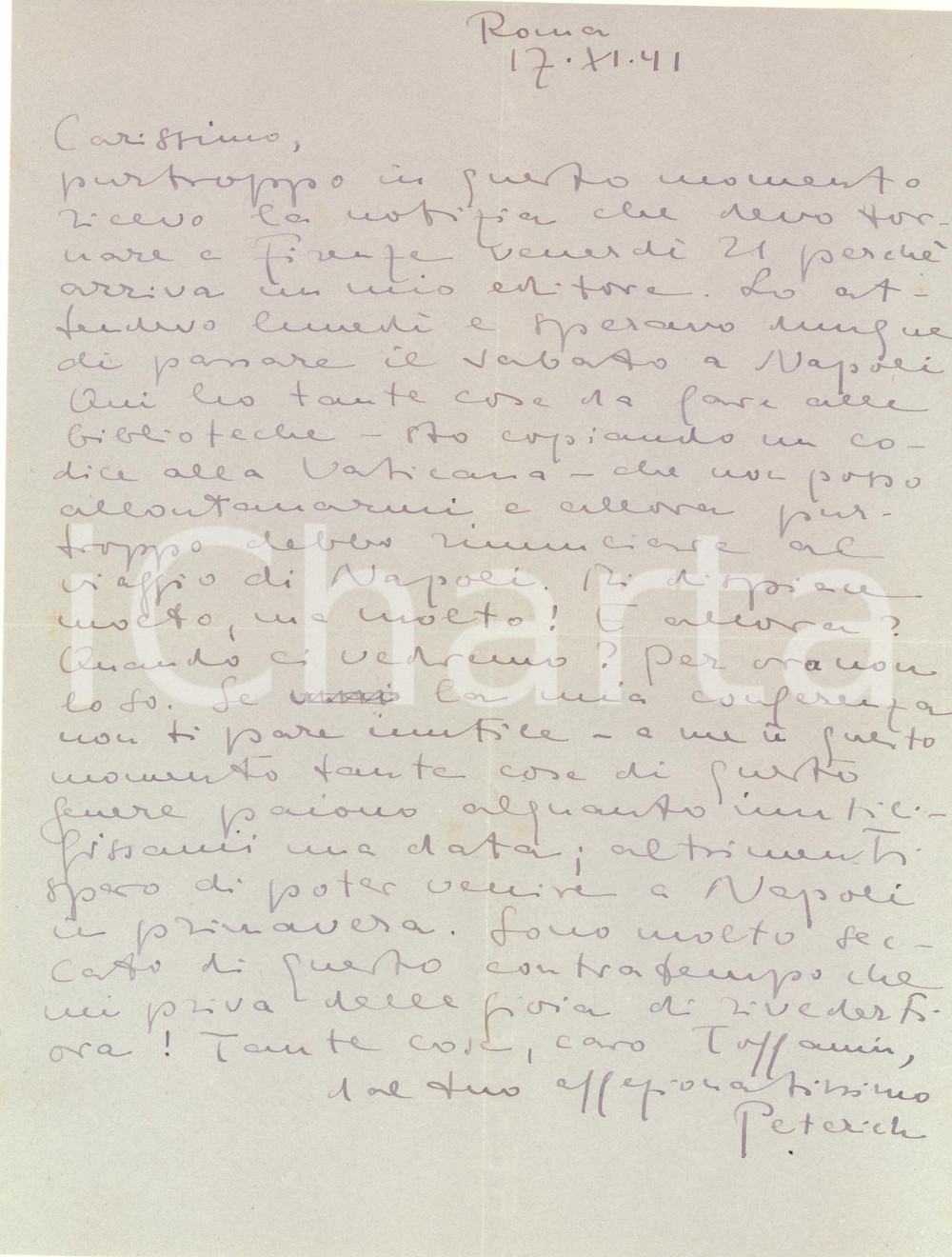 Autografo originale 1941 ROMA Eckart PETERICH al lavoro presso Biblioteca Vaticana  Autografo 1