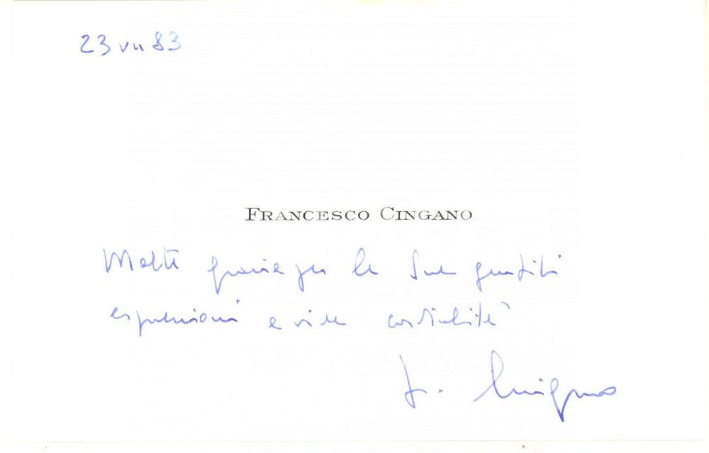 Autografo originale 1983 MILANO BANCA COMMERCIALE ITALIANA Biglietto Francesco CINGANO  Autografo 1