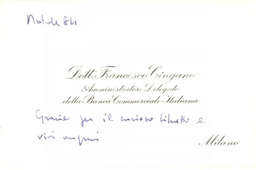 Autografo originale 1984 MILANO BANCA COMMERCIALE ITALIANA Biglietto Francesco CINGANO  Autografo 1