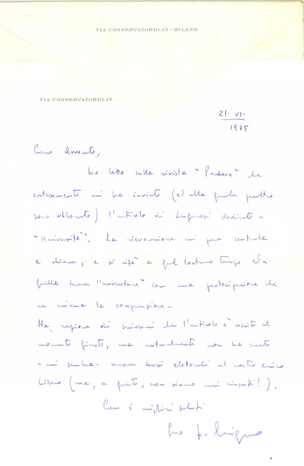 Autografo originale 1975 MILANO Lettera Francesco CINGANO per rivista ricevuta  Autografo 1