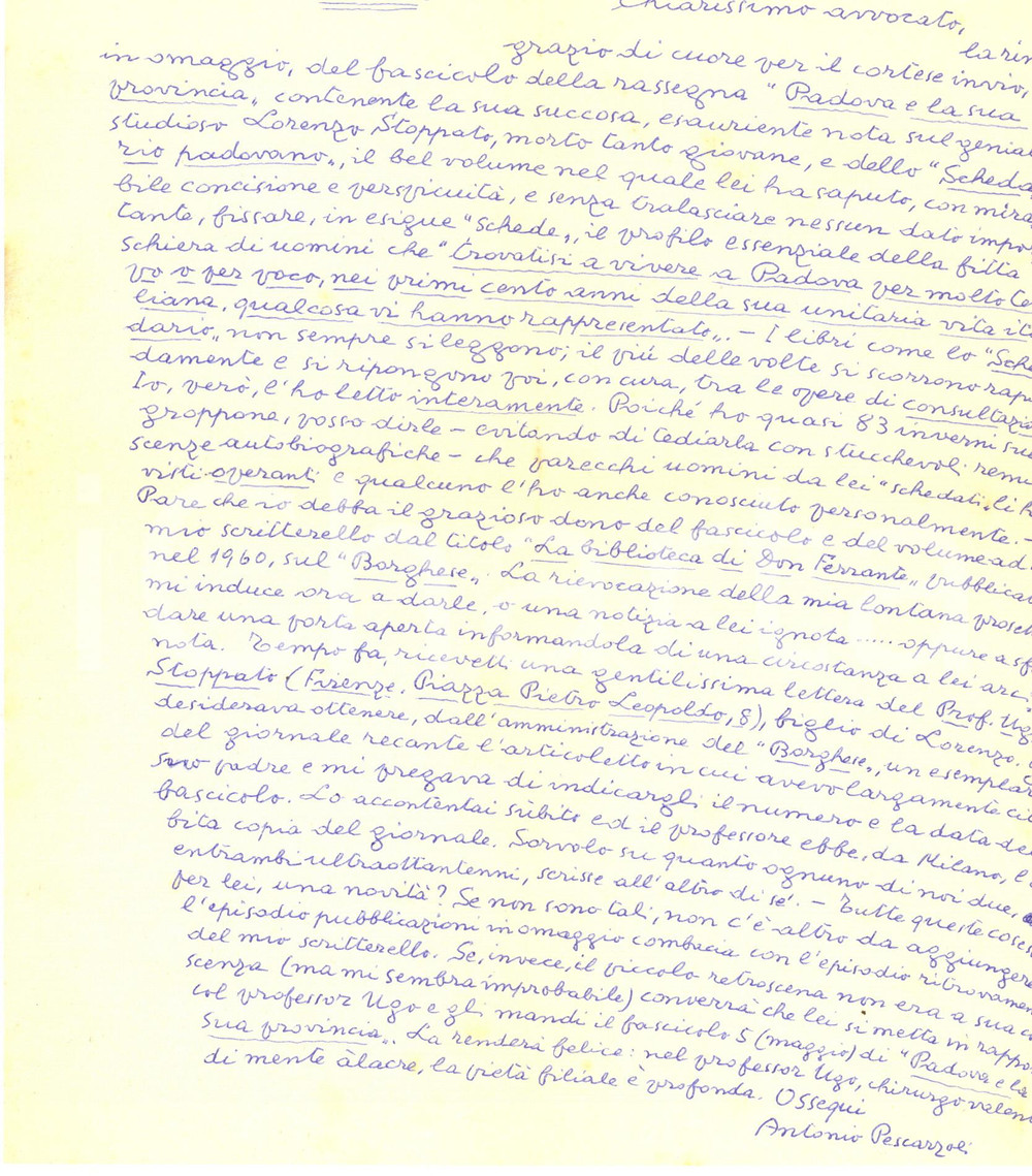 Autografo originale 1968 ROMA Lettera Antonio PESCARZOLI per volume ricevuto  Autografo 1