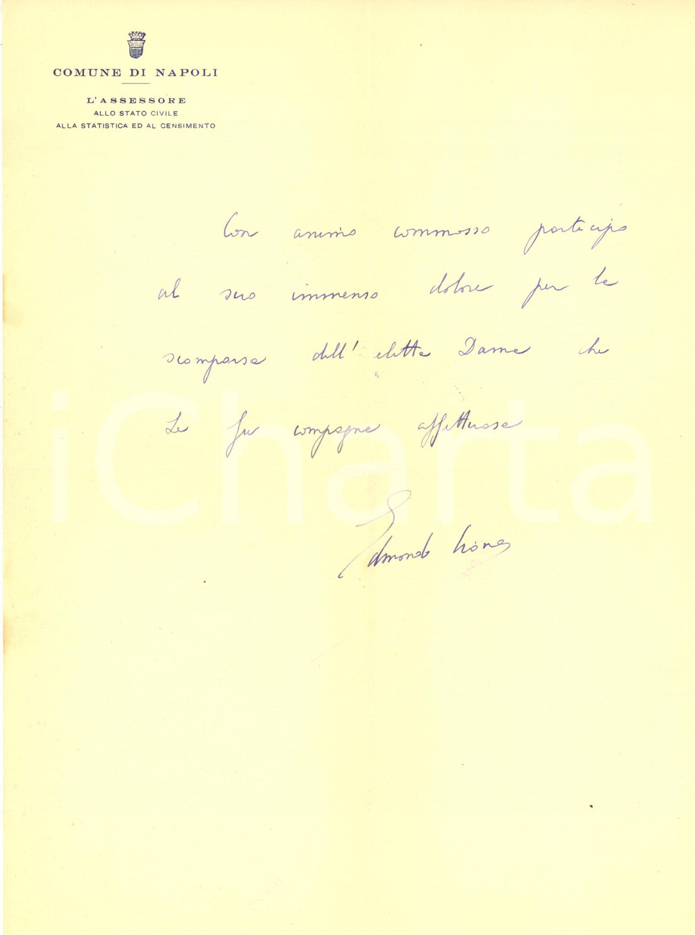 Autografo originale 1953 NAPOLI Lettera di Edmondo CIONE per condoglianze  Autografo 1