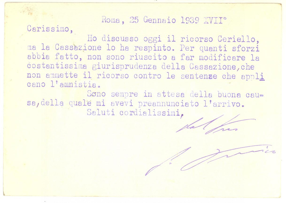 1939 ROMA Cartolina Giovanni PERSICO per ricorso respinto - Autografo Cartolina postale dattiloscritta, con firma autografa dell'avvocato e politico Giovanni Persico.Viaggiata.CONDIZIONI: G     originale e autentica 1