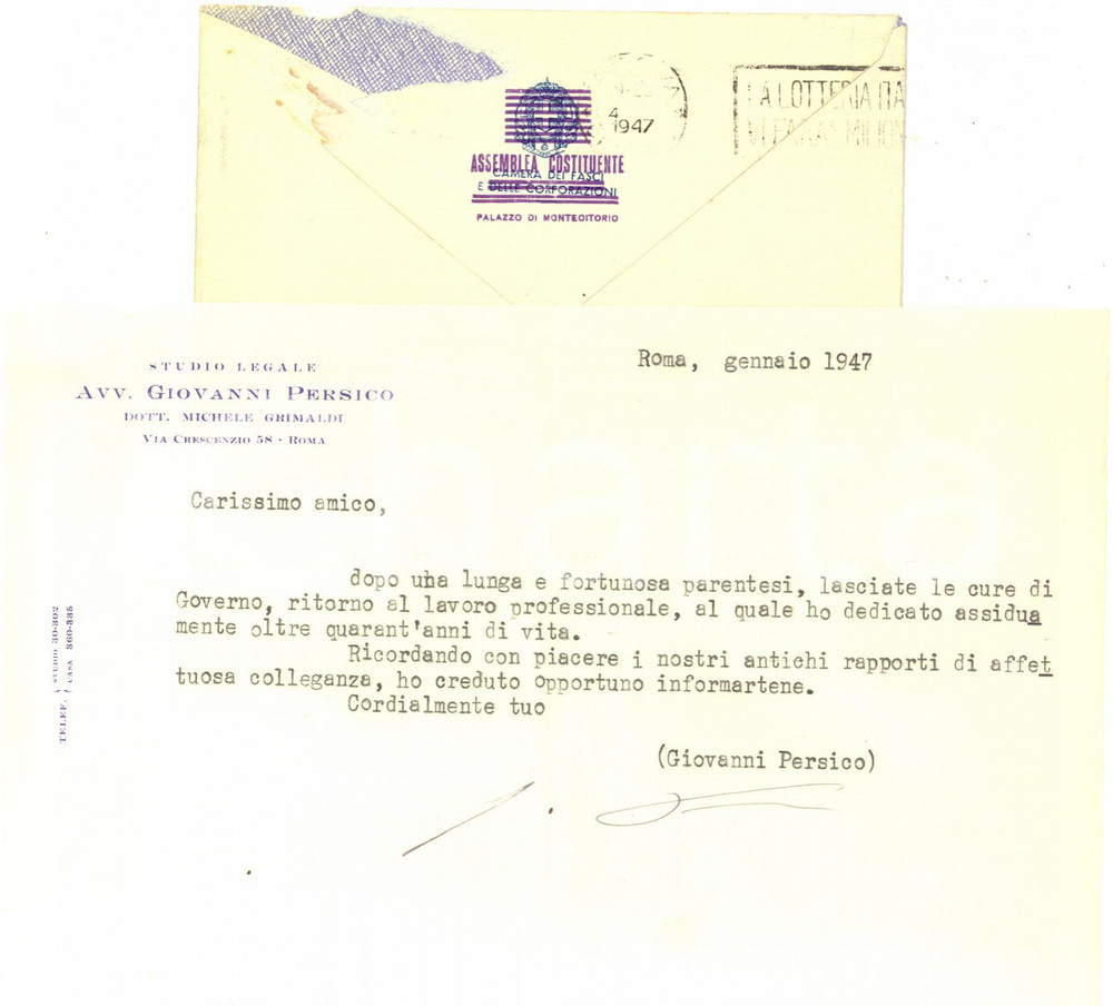 Autografo originale 1947 ROMA Giovanni PERSICO lascia le cure di Governo  Autografo 1
