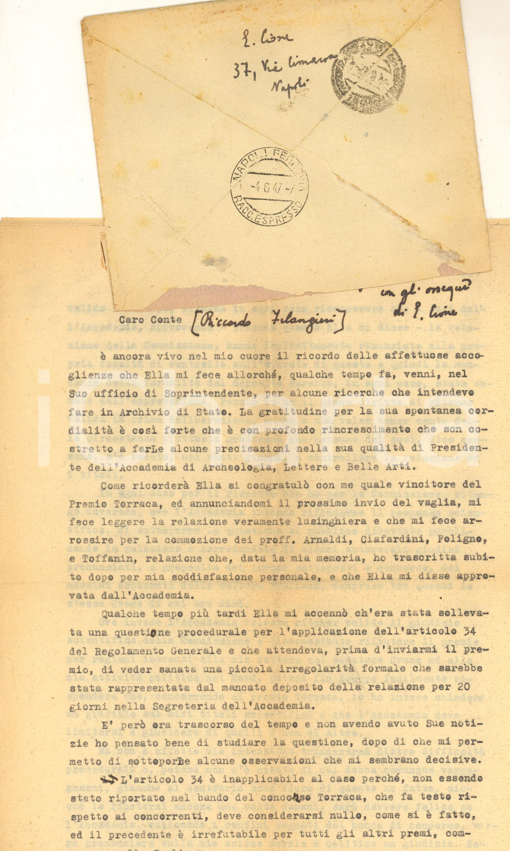 Autografo originale 1947 NAPOLI Edmondo CIONE al conte Filangieri per Premio Torraca  Autografo 1