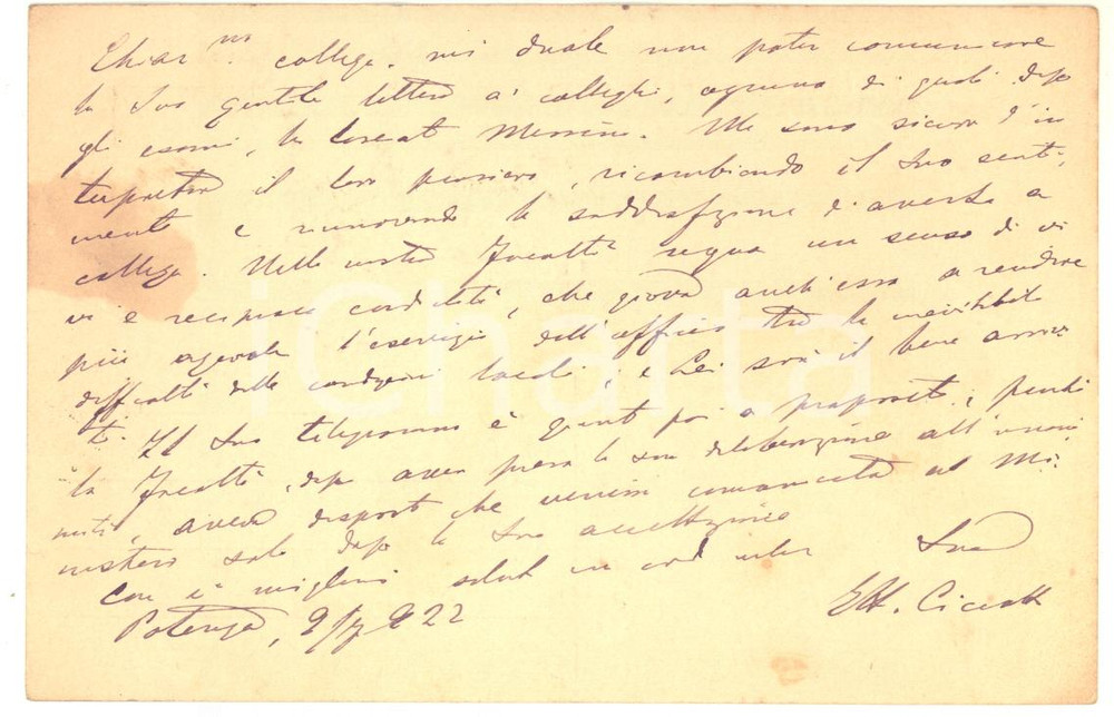 1922 POTENZA Ettore CICCOTTI si congratula con un nuovo collega - Autografo Cartolina postale autografa di Ettore Ciccotti, che si congratula con un collega per un incarico ottenuto.Viaggiata.CONDIZIONI: FAIR (lievi piegature e macchie)FORMATO: FP    originale e autentica 1