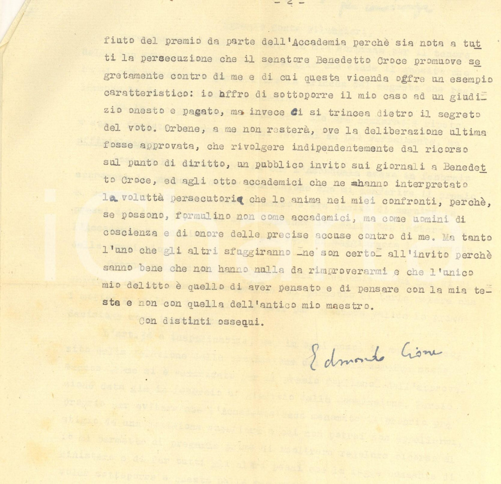 Autografo originale 1947 NAPOLI Edmondo CIONE protesta per la perdita del Premio Torraca  Autografo 1