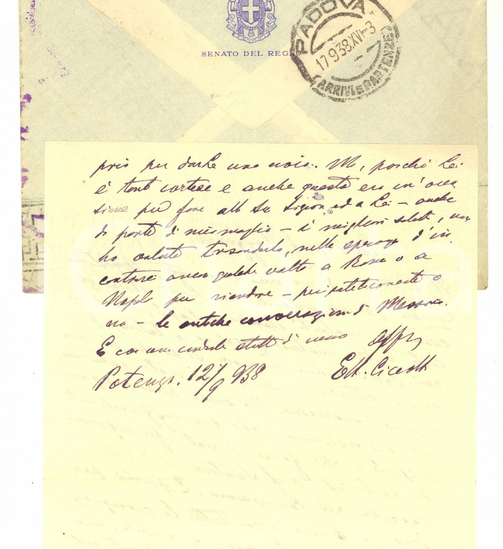 1938 POTENZA Ettore CICCOTTI raccomanda il figlio di un amico - Autografo Lettera autografa di Ettore Ciccotti.Carta e busta intestate "Senato del Regno".CONDIZIONI: G (piegatura d'epoca)PAGINE: 1 (2 facciate)    originale e autentica 1